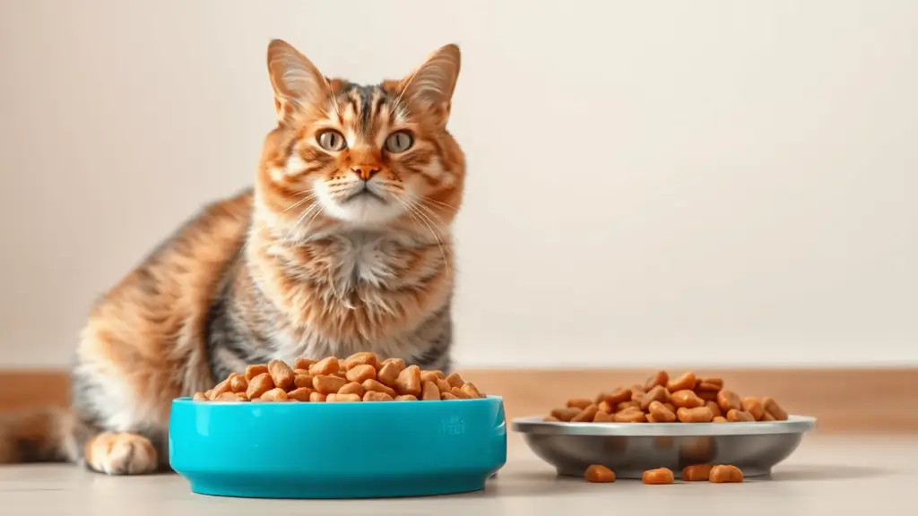 A well-groomed domestic cat sitting beside a bowl of high-quality dry and wet cat food, symbolizing good nutrition.