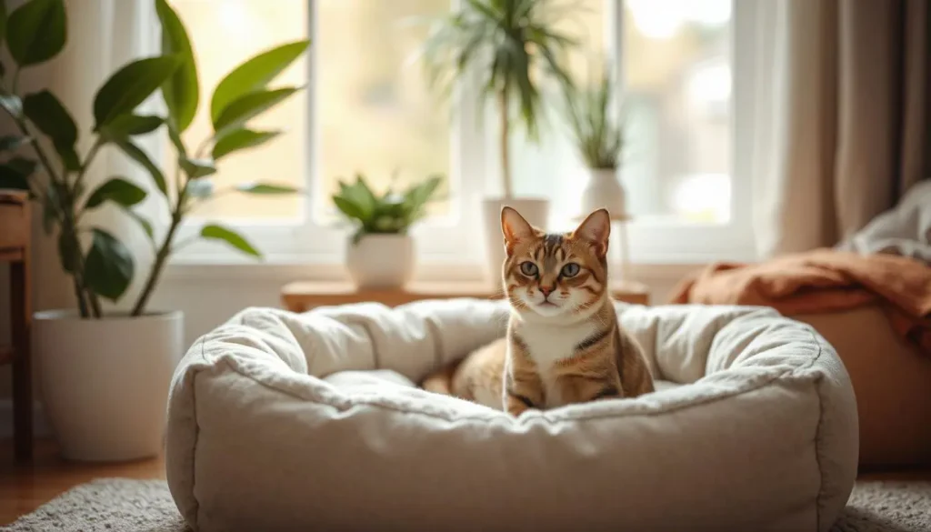 A special needs cat with wide-set eyes and a broad nose resting comfortably in a cozy bed in a calm living room environment.