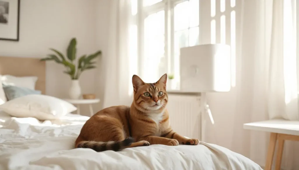 A Balinese cat lying on a bed with allergen-proof covers in a clean, bright bedroom.