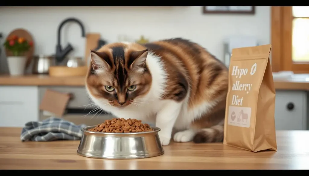 A Balinese cat sniffing a bowl of hypoallergenic cat food on a clean kitchen counter.