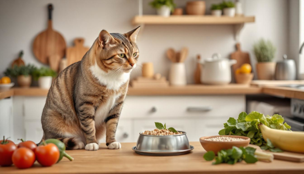 A cat watches a person prepare a fresh homemade cat meal in a cozy kitchen