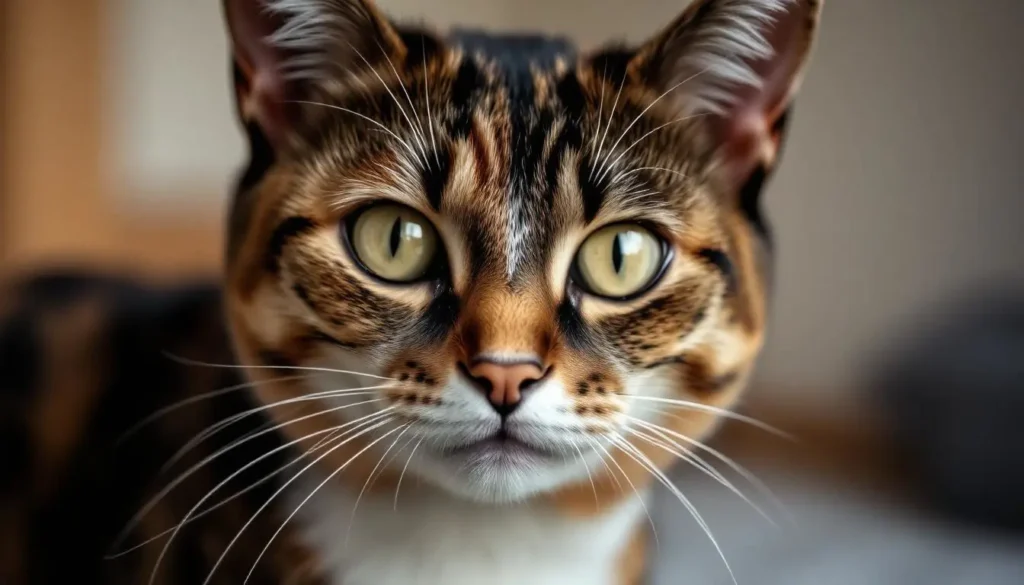 Close-up of a tortoiseshell cat's face with multicolored fur.