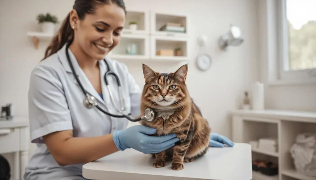 A veterinarian examining a tortoiseshell cat in a clinic.