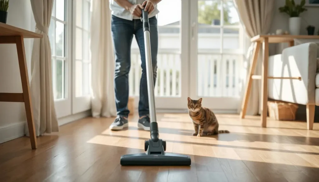 A Bengal cat sitting on a hardwood floor while a person vacuums with a HEPA-filter vacuum.