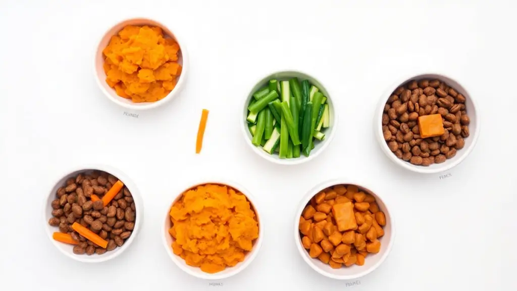 5 Plant-Based Recipes with Natural Balance Limited Ingredient Cat Food 3 Five creative cat food bowls featuring recipes made with Natural Balance Limited Ingredient Cat Food and ingredients like pumpkin, sweet potatoes, and carrots.