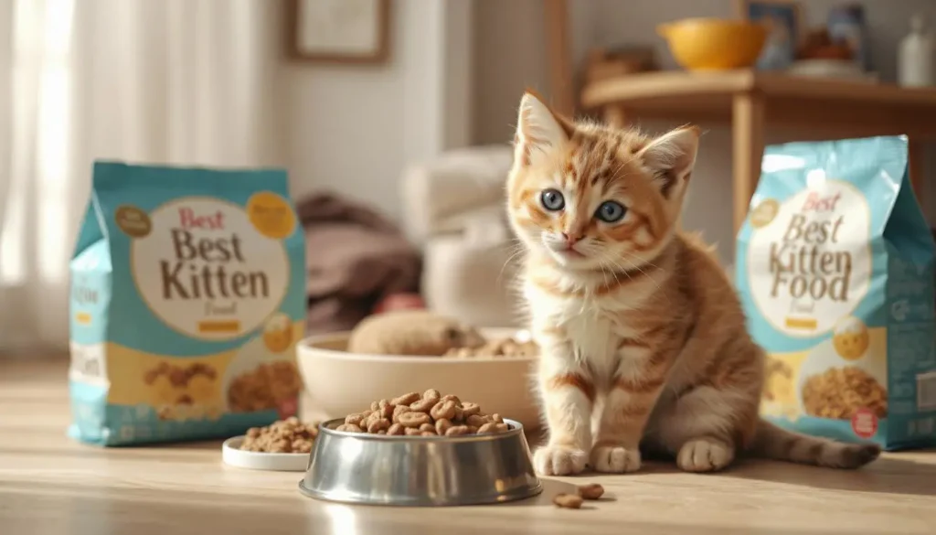 A playful kitten sitting beside bowls of wet and dry kitten food with colorful packaging.