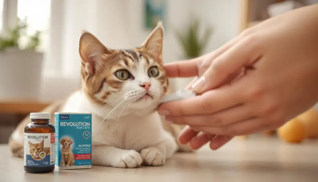 A cat receiving Revolution for Cats treatment, showcasing protection against fleas, ear mites, hookworms, roundworms, and heartworms.