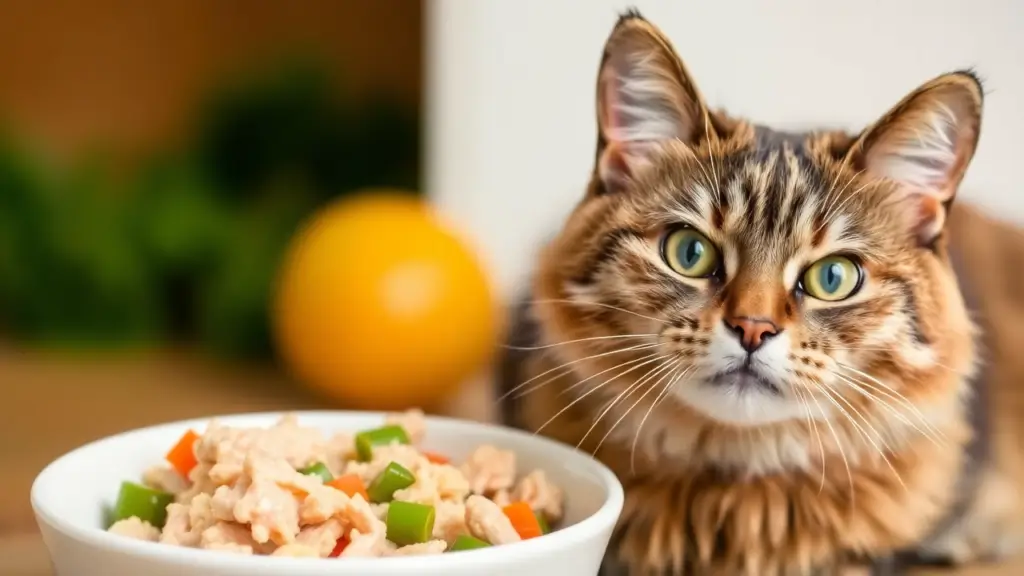 Top 6 Vet-Approved Homemade Wet Cat Food Recipes for Digestion 2 A healthy cat with a glossy coat enjoying a bowl of fresh homemade wet cat food recipes made with chicken and vegetables.