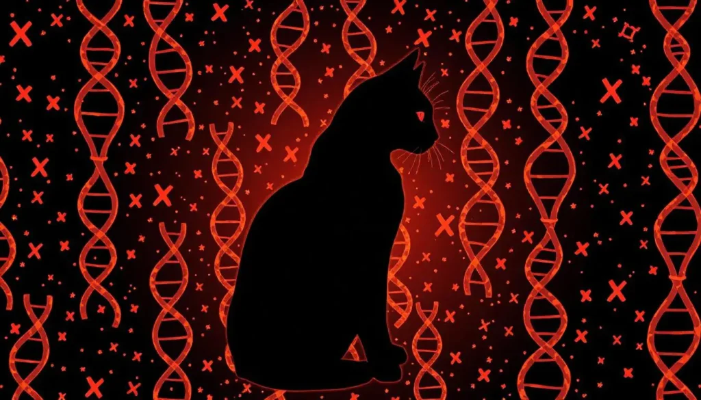 Illustration of chromosomes with a tortoiseshell cat silhouette.