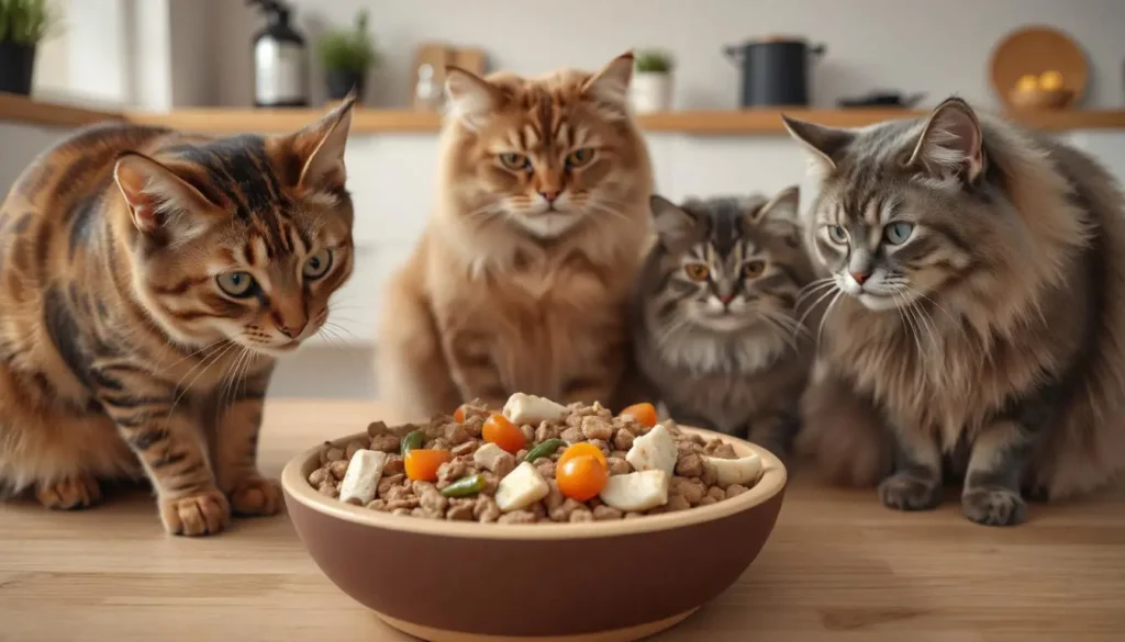 A balanced bowl of cat food surrounded by three healthy brown cats in a kitchen setting.