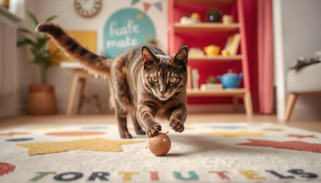 A tortoiseshell cat playing with a toy in a colorful room.