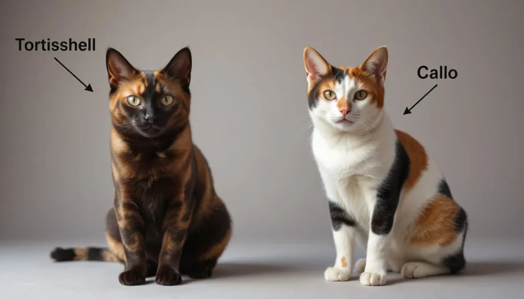 A tortoiseshell cat and a calico cat side by side for comparison.