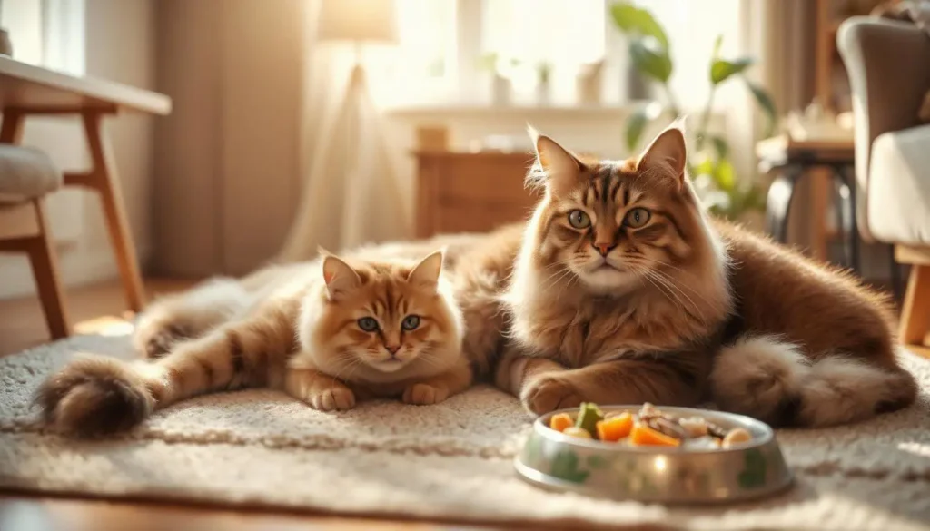 A brown Maine Coon lying on a rug with a Japanese Bobtail nearby, in a cozy, sunlit room.