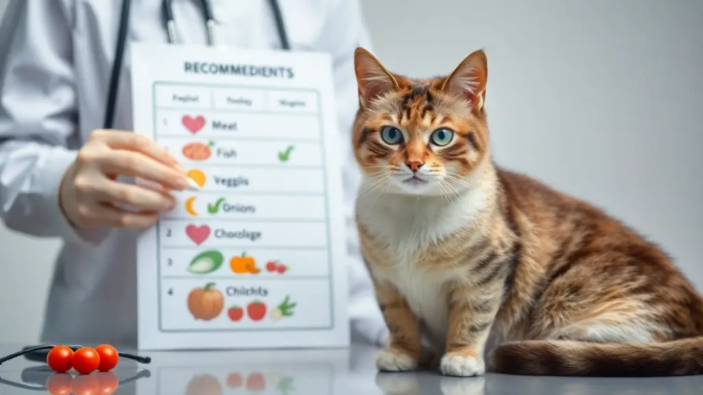 Top 6 Vet-Approved Homemade Wet Cat Food Recipes for Digestion 4 A veterinarian pointing to a chart of recommended and harmful ingredients for homemade wet cat food recipes.