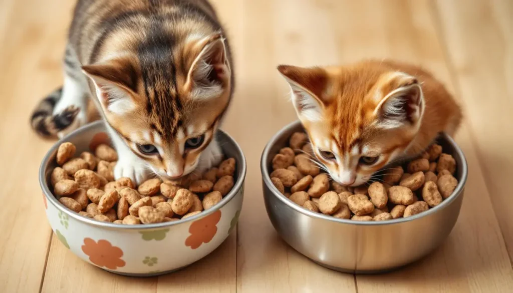 Side-by-side bowls of wet and dry kitten food, with a curious kitten sniffing one bowl.