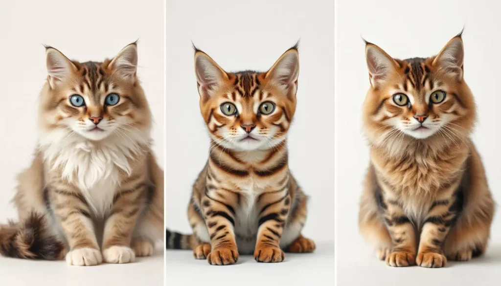 A collage of Siberian, Balinese, and Bengal cats, showcasing their unique hypoallergenic qualities.