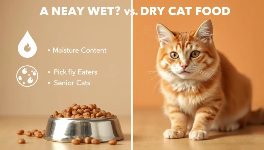 Comparison between wet and dry cat food, showing benefits like hydration and higher protein content.