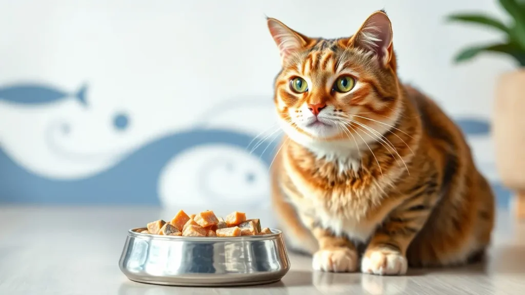 A sleek, healthy cat enjoying a bowl of fish-based wet food in a serene indoor environment.