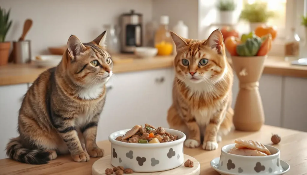 A healthy cat sitting near a bowl of fresh homemade cat food with chicken and fish, placed on a clean kitchen counter. making cat food at home