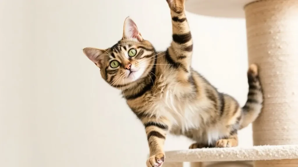 Playful tabby cat climbing a cat tree with a muscular build and shiny coat.