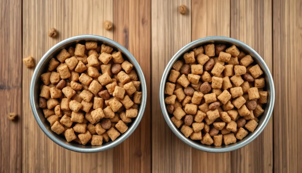 A comparison of a fresh homemade cat food bowl and commercial kibble.