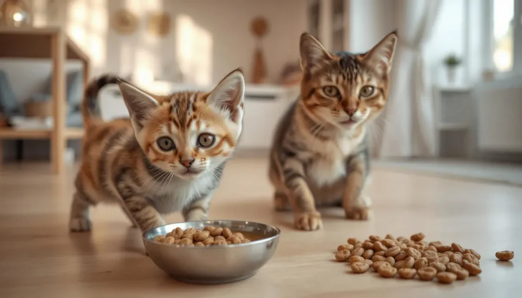 A playful kitten eating wet canned food from a dish, with a package labeled ‘Best Kitten Food’ in the background.