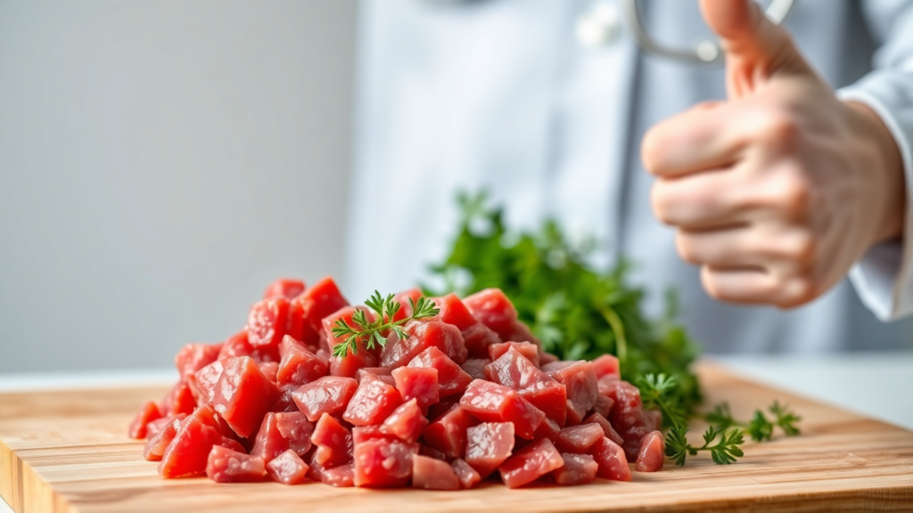 A curious cat sniffing a fresh piece of raw beef on a clean plate