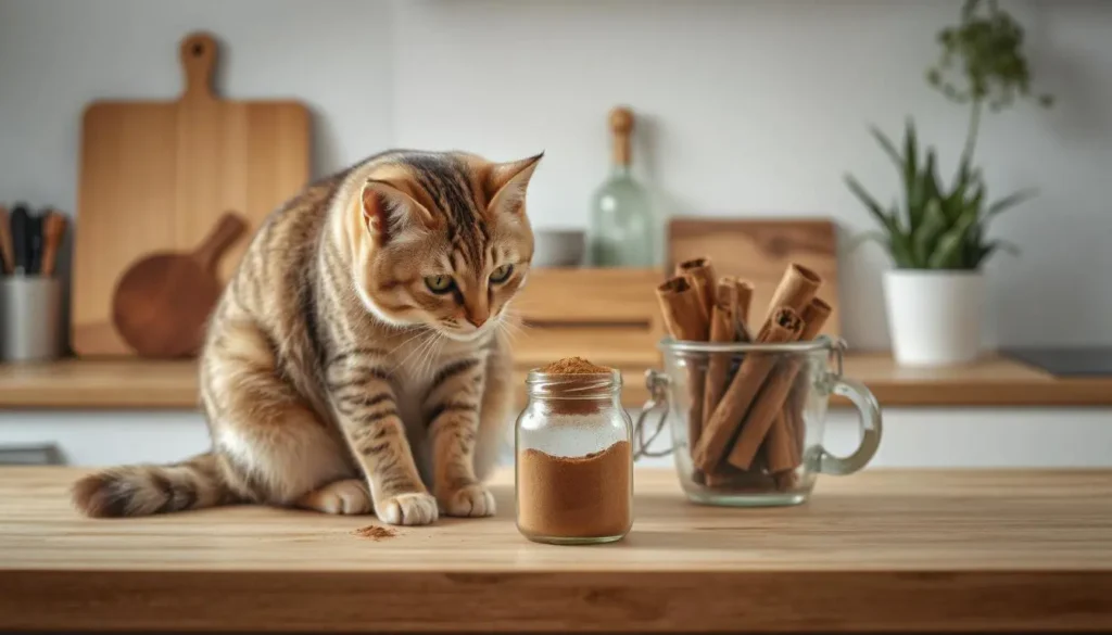 A cat on a kitchen counter sniffing a jar of cinnamon sticks and powder, with a subtle warning label nearby.