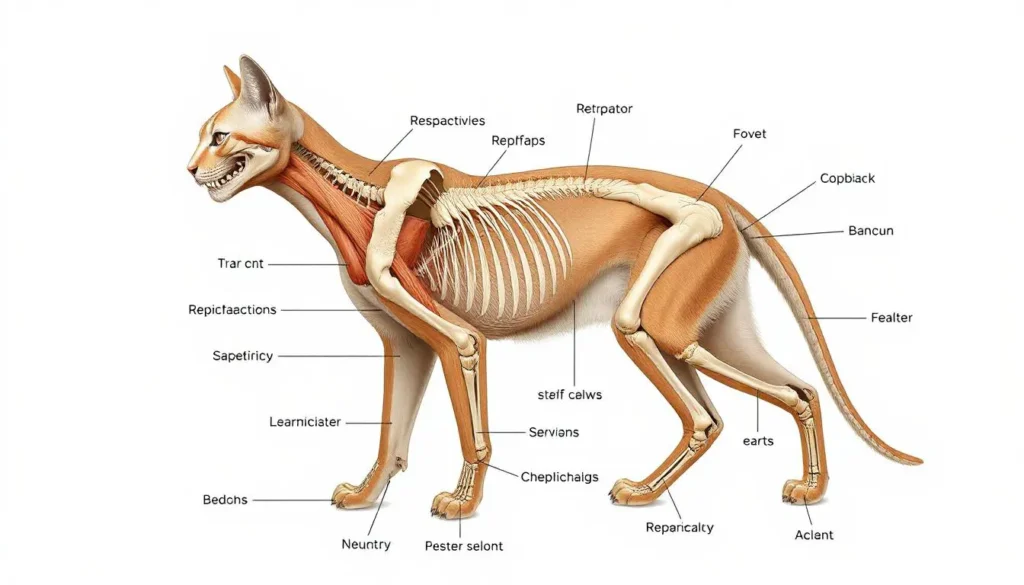 Detailed educational illustration of a cat's anatomy, showcasing its skeleton, muscles, paws, and ears, with labeled parts for clarity.