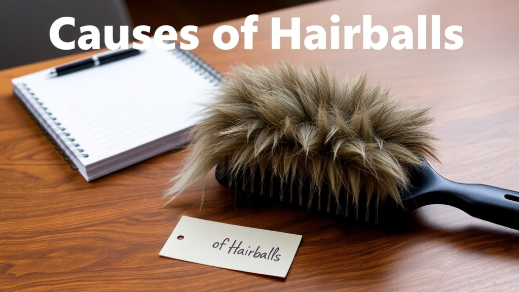 A brush with collected cat fur placed on a wooden table beside a notebook.