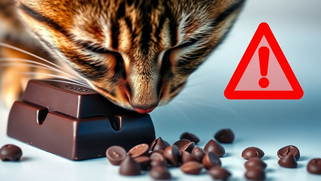 Cat sniffing a bar of dark chocolate on a table.