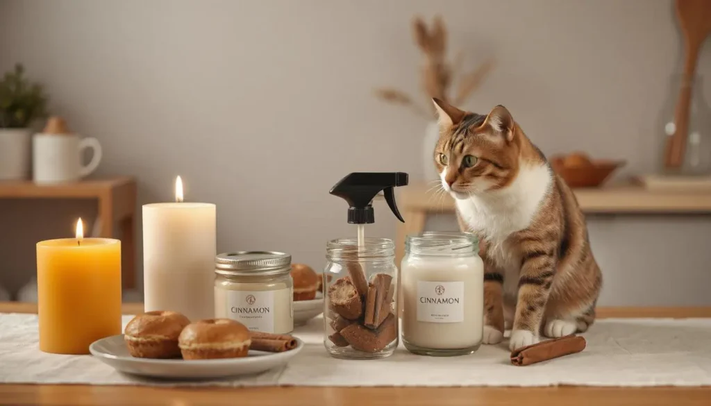 Cinnamon-scented candles and baked goods on a table, with a cat sitting nearby.