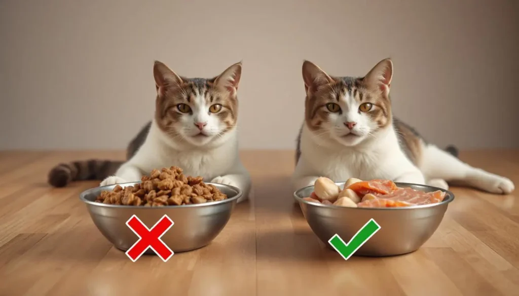 Side-by-side comparison of improperly and properly prepared raw cat food.