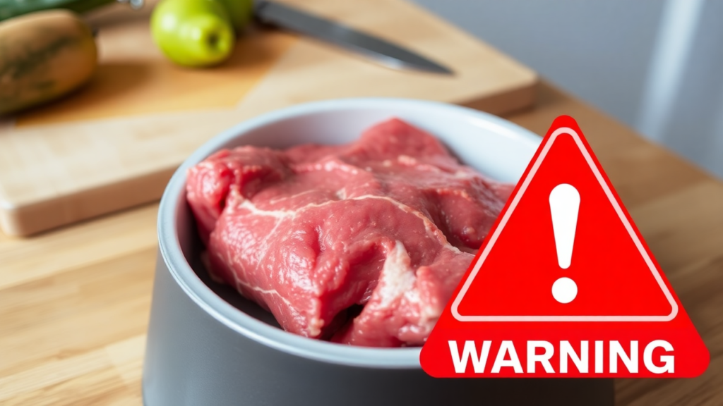 A bowl of raw meat left uncovered on a kitchen counter with a red warning symbol.