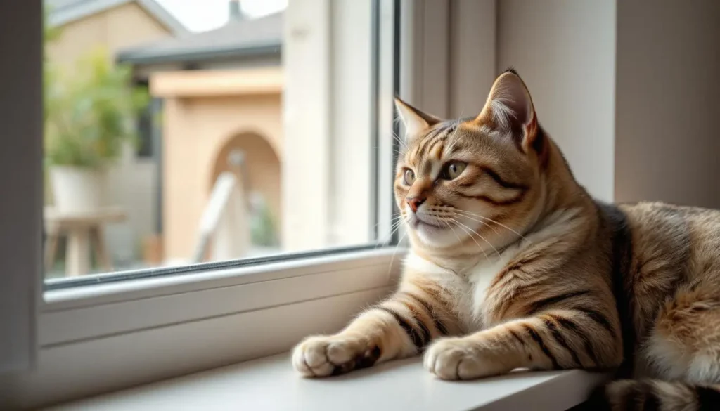 A relaxed cat lying by a clean window, gazing outdoors.