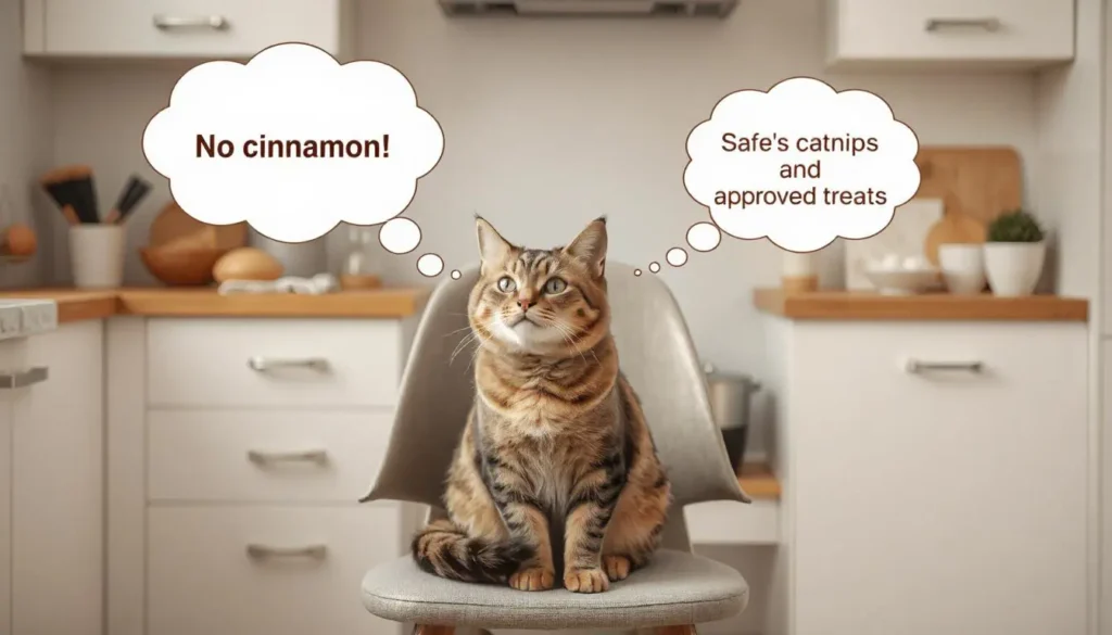 A cat on a chair with a thought bubble showing "No cinnamon" and safe treats.