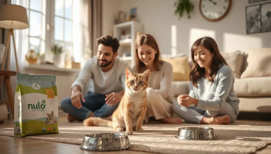 A family playing with their cat in a cozy living room, with Nulo food nearby.