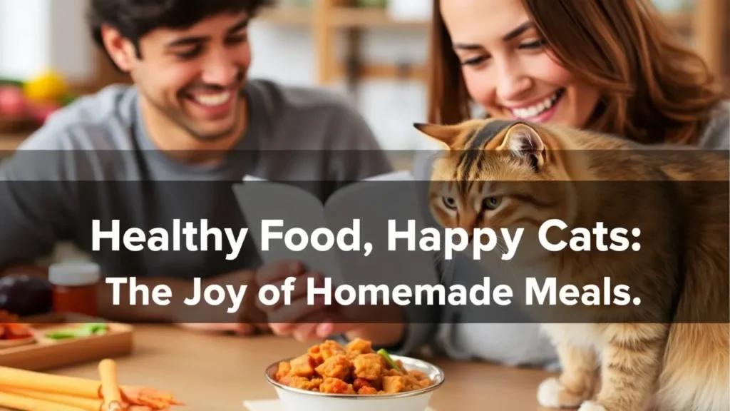 A warm scene of a pet owner feeding a happy cat fresh homemade food, with neatly arranged ingredients in the background.