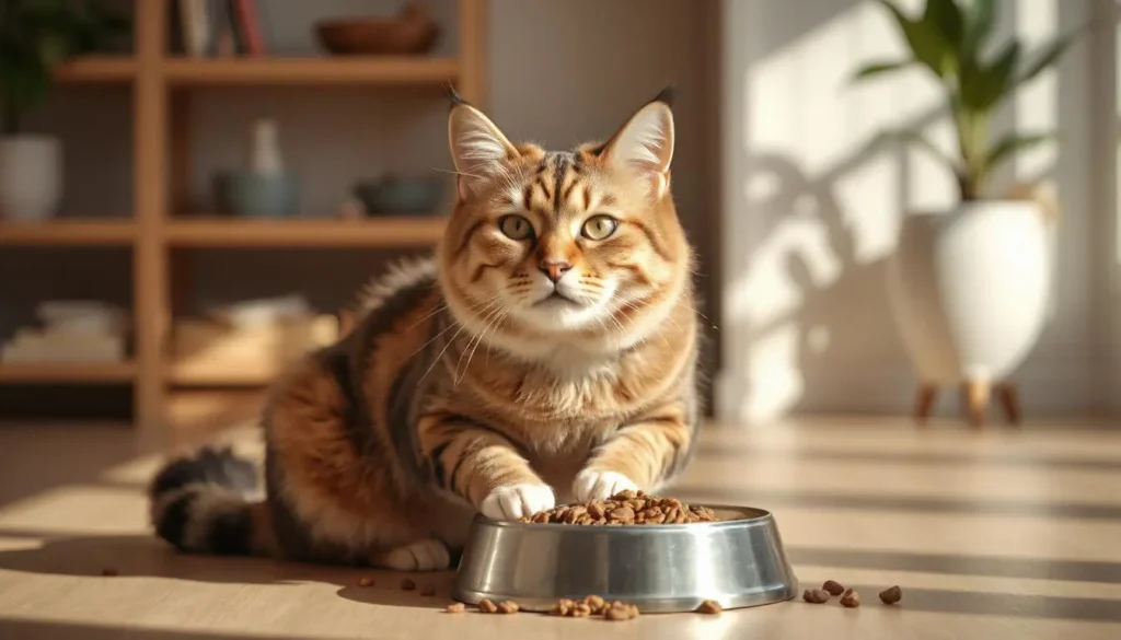 A content, healthy cat enjoying a full meal of Acana cat food