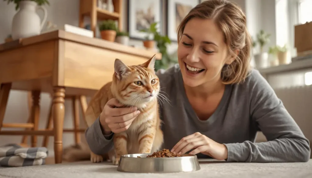 A cat owner feeding their healthy cat Acana cat food, highlighting the long-term value of high-quality nutrition.