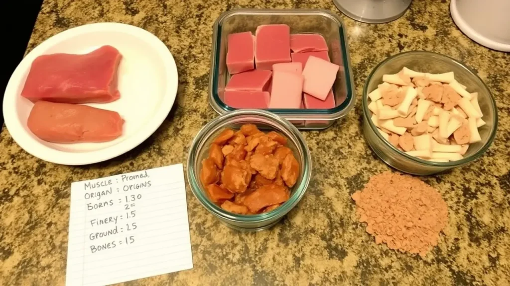 An organized kitchen counter showing pre-measured portions of muscle meat, organ meat, and ground bones for a balanced homemade cat food recipe.