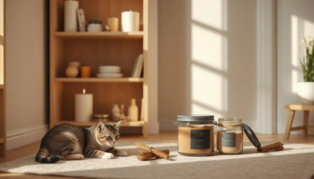 A cat playing on the floor with cinnamon safely stored in a sealed cabinet.