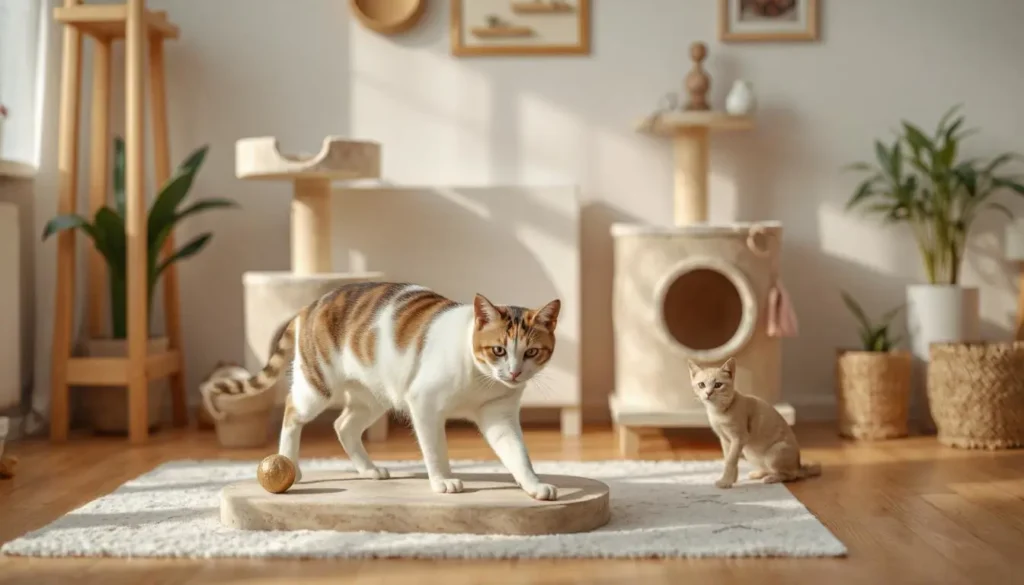 A cozy indoor environment with a cat tree, interactive toys, and a cat playing safely.