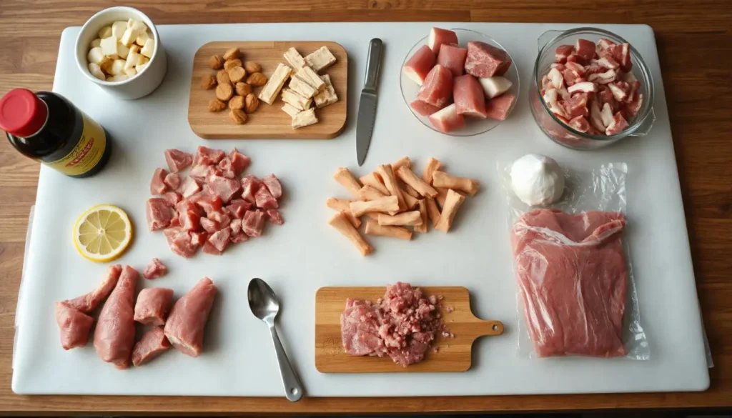 Step-by-step preparation of raw cat food with meat, organs, and supplements in a clean kitchen.