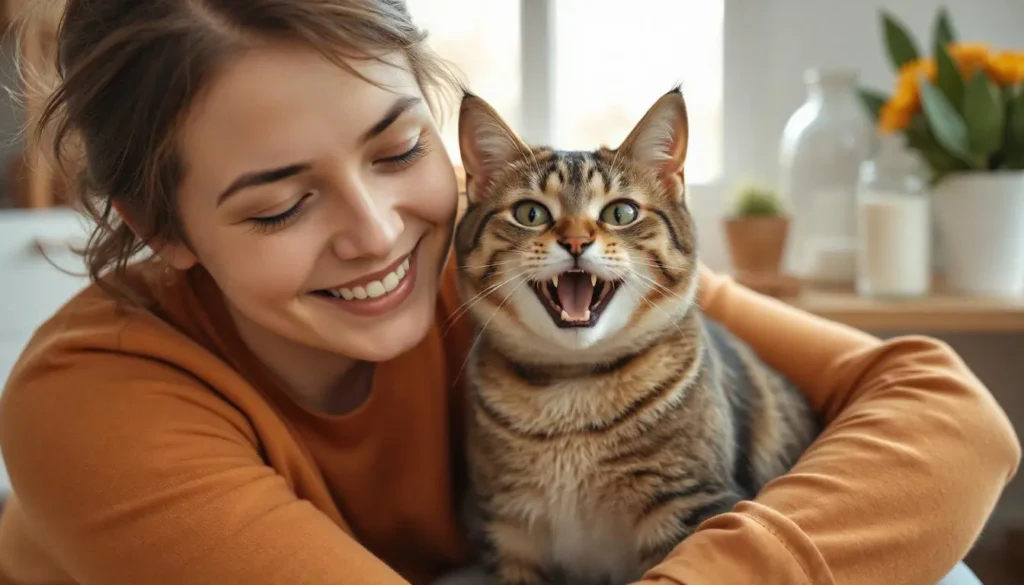 A happy cat owner cuddling their healthy cat after feeding them Acana cat food