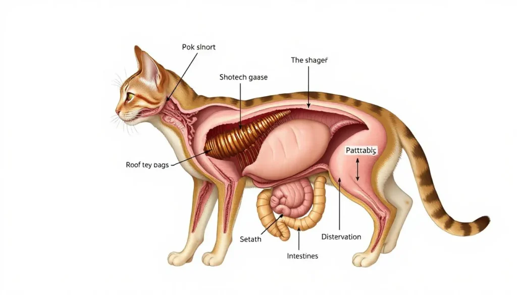 Illustration of a cat's digestive system, highlighting the short tract and stomach.