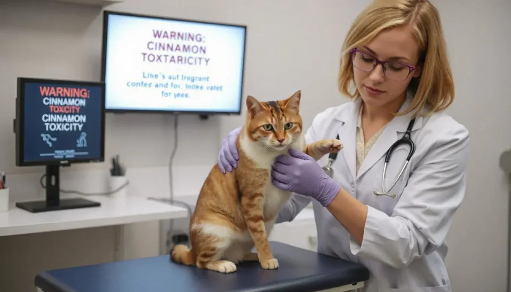 A veterinarian examining a cat with a monitor displaying cinnamon warnings.