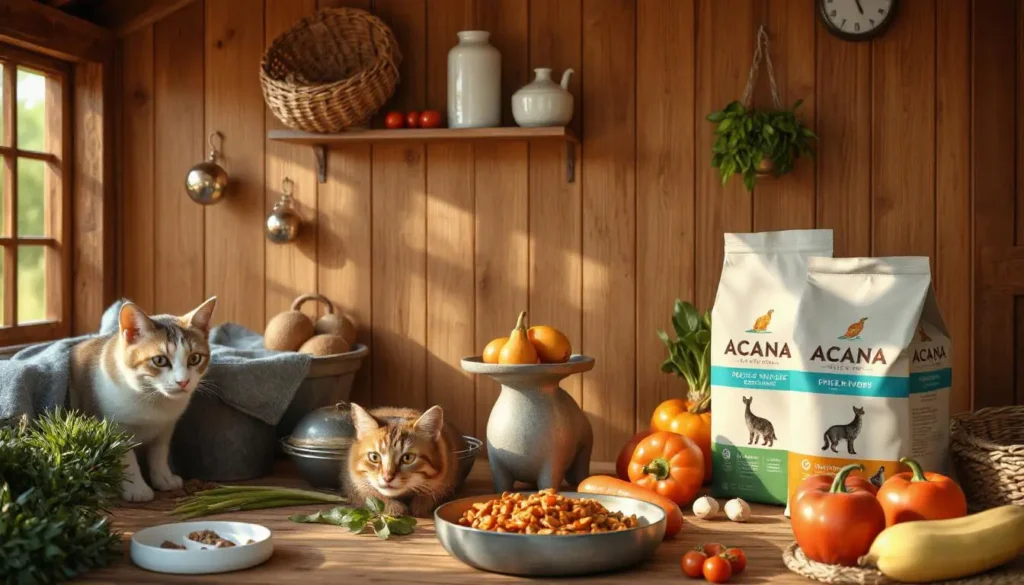 A sustainable farm with free-range chicken, fish, and vegetables, showcasing Acana cat food’s ethical sourcing and environmental responsibility.