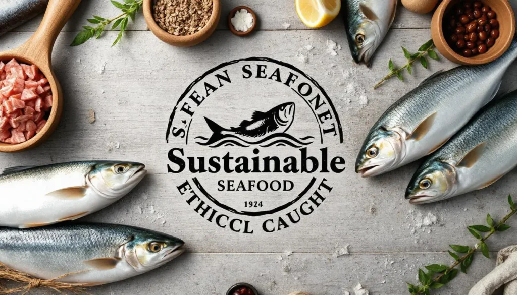 Sustainable seafood logo with wild-caught fish on a wooden table.