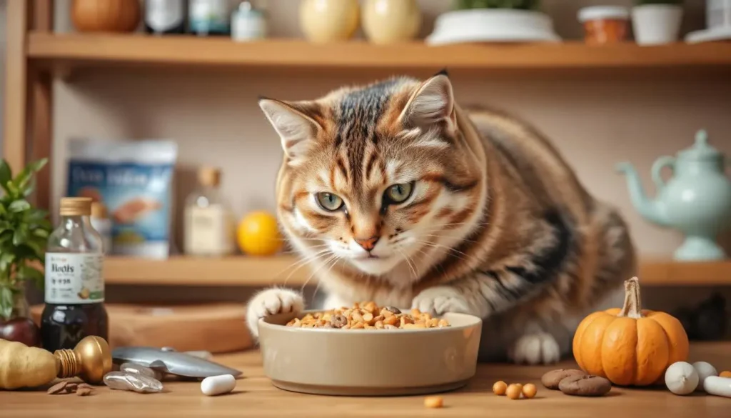 A graphic featuring essential nutrients for cats, such as protein, omega-3, and vitamins, with food items like salmon, pumpkin, and taurine supplements.